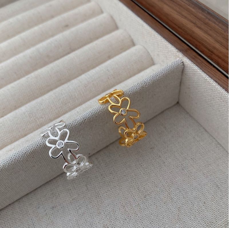 Adjustable Ring, Wide Band Rings, Open Rings, Rings Classification 1 Piece Quantity 1 Piece 925 Sterling Silver Plant Flower Diamond 18K Gold Plated Silver Plated Adjustable Ring Open Rings Rings