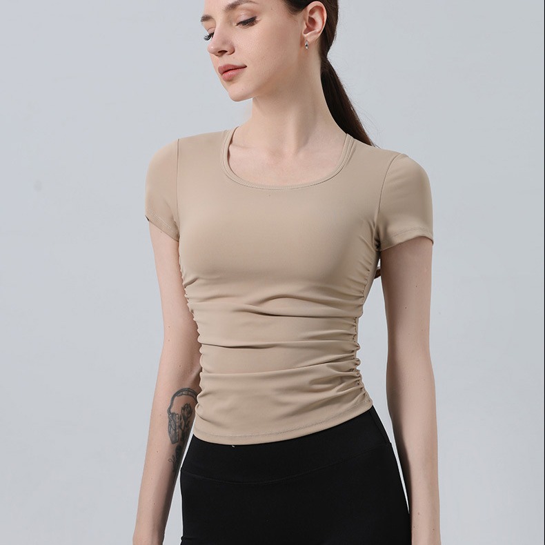 New yoga clothes women's side pleated casual running slim yoga clothes fixed one Cup fitness T-shirt top