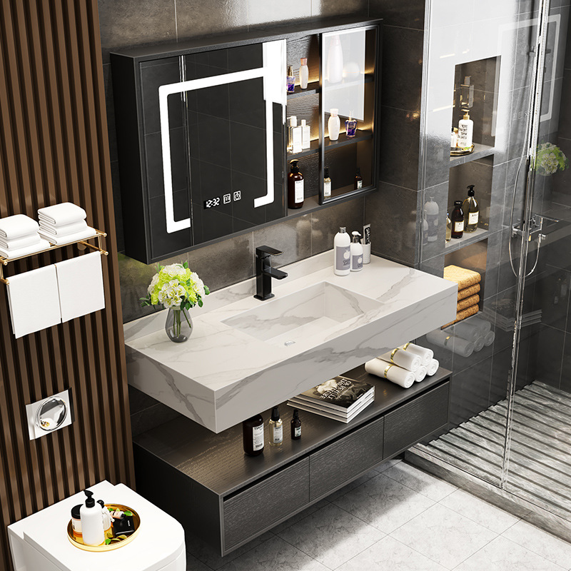 Placa de roca minimalista moderno integrado cuenca baño gabinete combinación hogar Baño lavabo inteligente espejo lateral gabinete