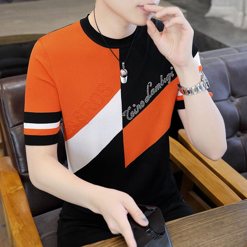 Verano 2023 hombres de moda europea marca de seda de hielo cuello redondo moda delgada contraste color rhinestone manga corta Camiseta top