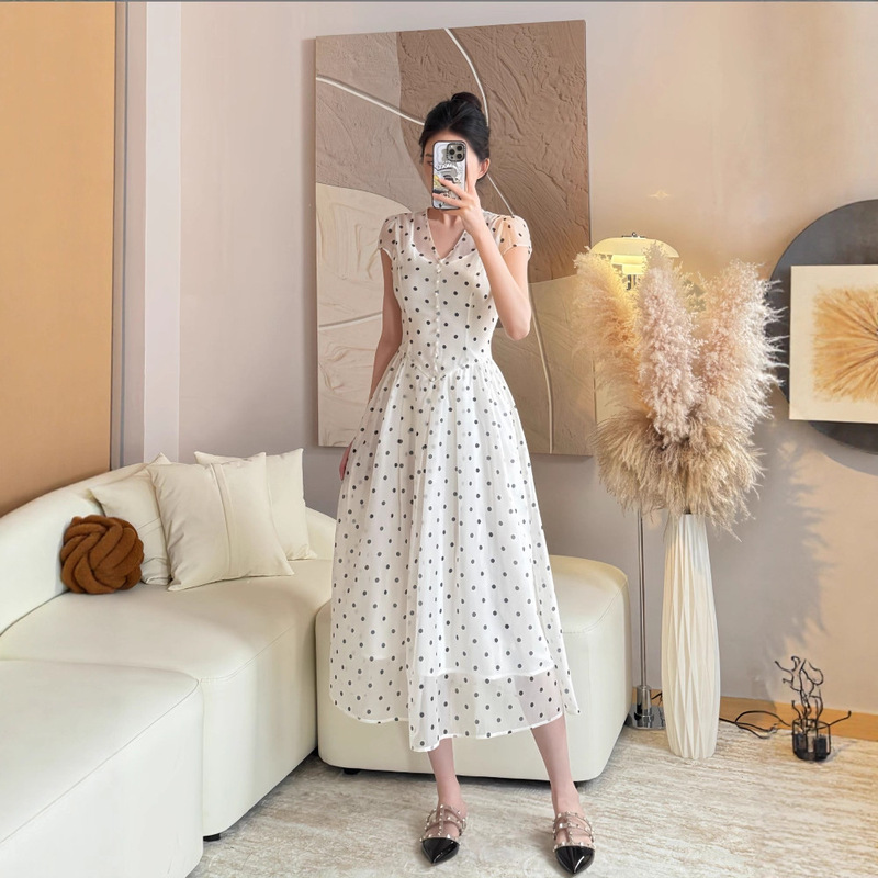 In Stock Summer Elegant V Neck Polka Dot Fake Two-Piece Slimming Look Small Flying Sleeve Mid-Length Dress for Women