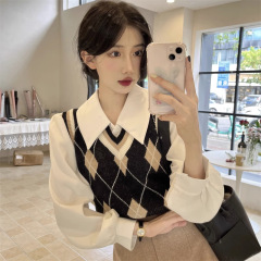 菱形格V领针织马甲女秋冬款2025新款叠穿外搭毛衣坎肩背心女上衣,