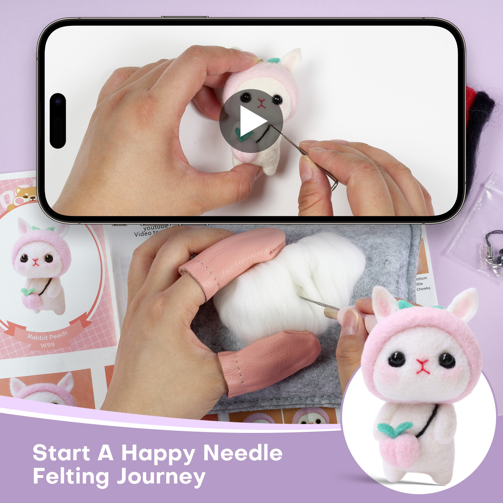 Cute Rabbit Doll Pendant Handmade Diy Wool Felt Poking Fun Material Package 4 Packs_voghion.com