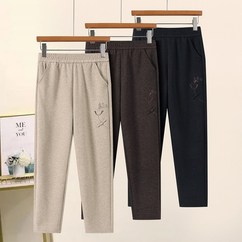 Middle-Aged and Elderly Women's Spring and Autumn Intellectual Casual Pants, Mid-High Waist Straight-Leg Long Pants, Grandma Elastic Waist Pants for Women