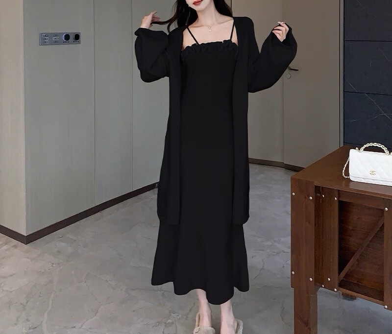 2025秋冬温柔甜美小香风针织两件套女中长款毛衣开衫+吊带裙套装|undefined