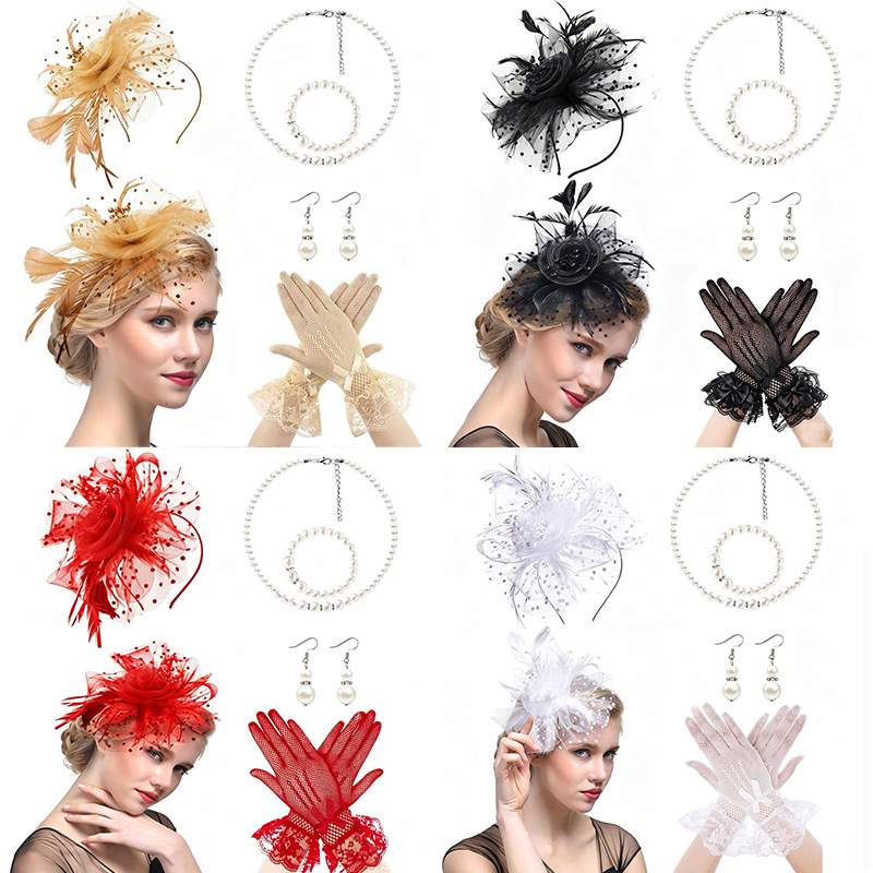 Amazon Vintage Bridal Hair Accessory Set Kentucky Derby Feather Headpiece Mesh Headband Gloves Necklace Set