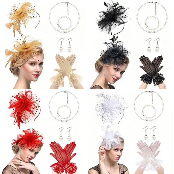Amazon Vintage Bridal Hair Accessory Set Kentucky Derby Feather Headpiece Mesh Headband Gloves Necklace Set