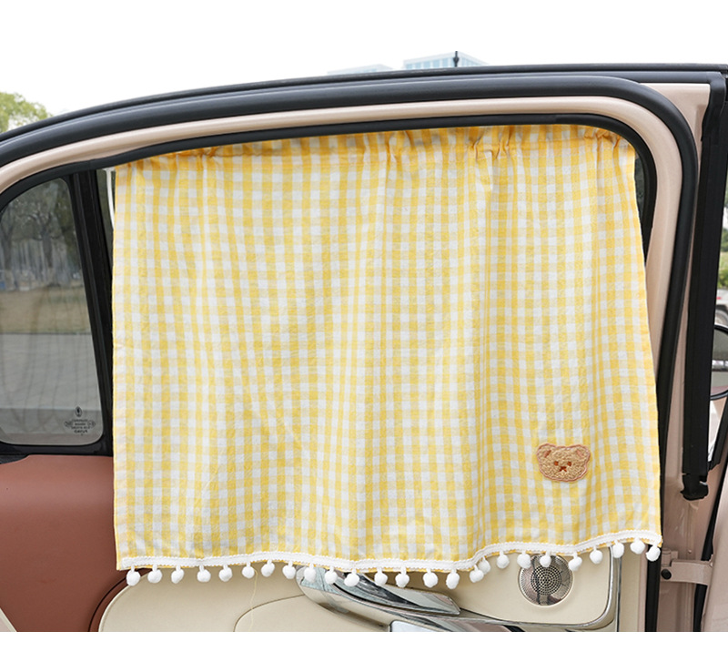 Car Sunshade Side Curtain Cartoon Cotton Plaid Bear Car Curtain Summer Sun Protection and Heat Insulation Car Sunshade