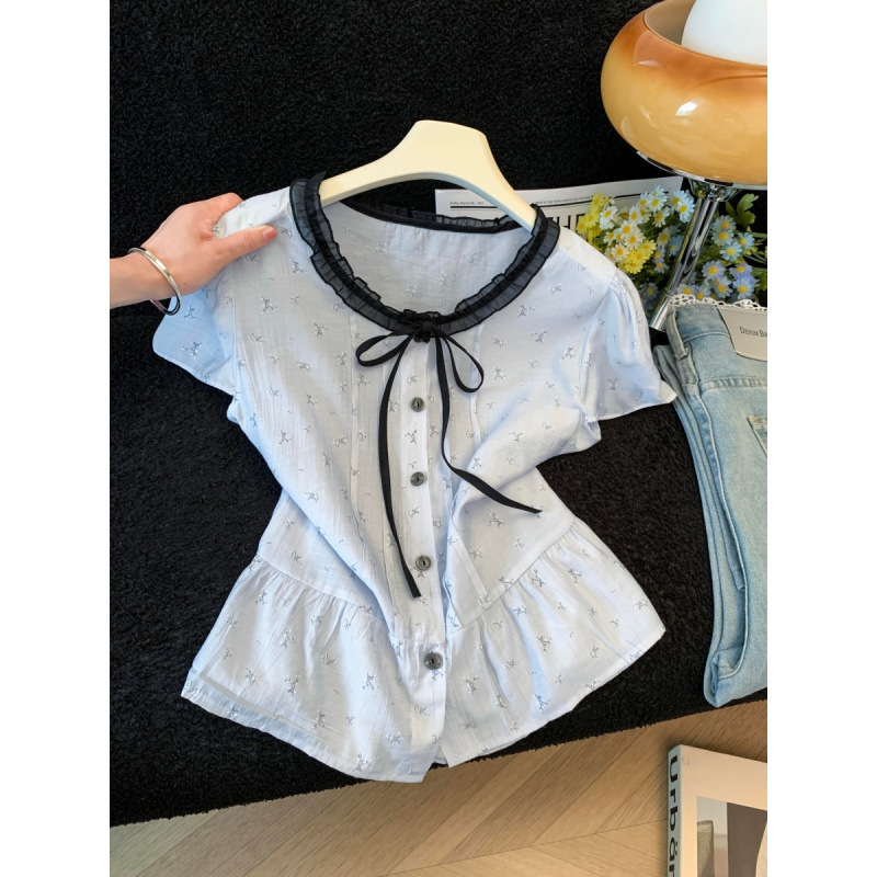 Stylish Color-Blocked Ruffled Tie-Neck Short-Sleeve Shirt for Women, Summer 2026 New Style, Petite Waist-Cinching Slimming Top Stylish Color-Blocked Ruffled Tie-Neck Short-Sleeve Shirt for Women, Summer 2026 New Style, Petite Waist-Cinching Slimming Top