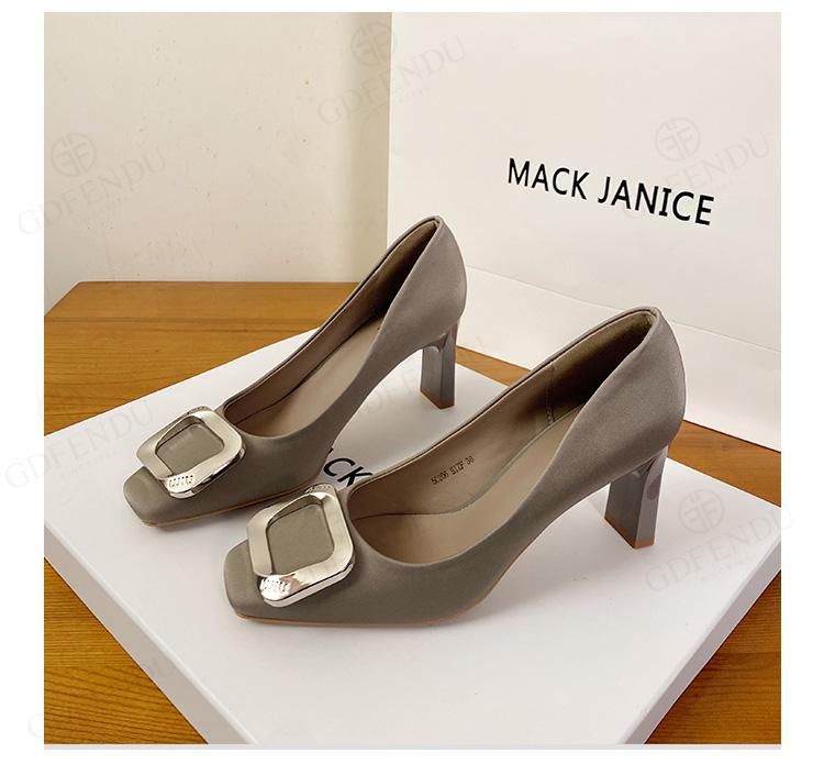 In-stock, Available Dropshipping~ Gray High-heeled For Women, Elegant And Comfortable, Square-toed Leather With Chunky_vogvips.com