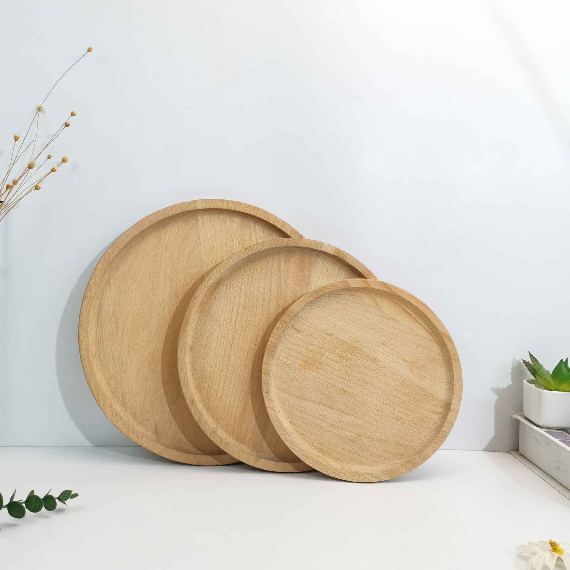 日式木质托盘家用水果盘蛋糕木盘子圆形餐盘小吃碟子木餐具茶盘