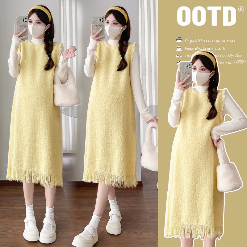 Pregnant Women's Autumn dress Small Loose High-end Tassel Yellow Vest Skirt Autumn and Winter Knitted Mid-length Women Pregnant Women's Autumn dress Small Loose High-end Tassel Yellow Vest Skirt Autumn and Winter Knitted Mid-length Women