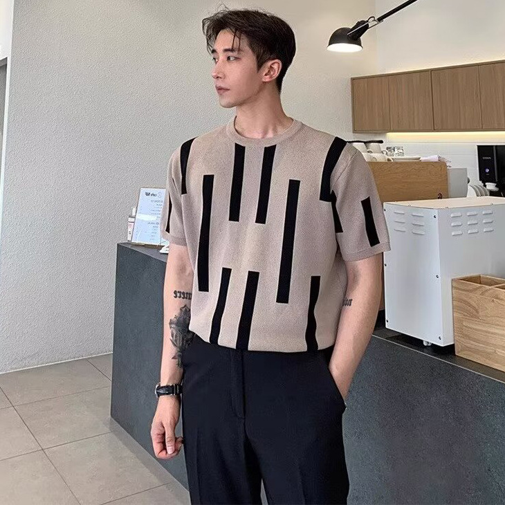 camiseta de punto de manga corta hombre rayas de contraste de color delgado antiguo estilo de negocios camiseta superior hielo seda fábrica de verano transfronteriza al por mayor