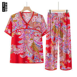 东北大花复古国风棉绸睡衣女春夏民族风家居服装衣服短袖2件套装