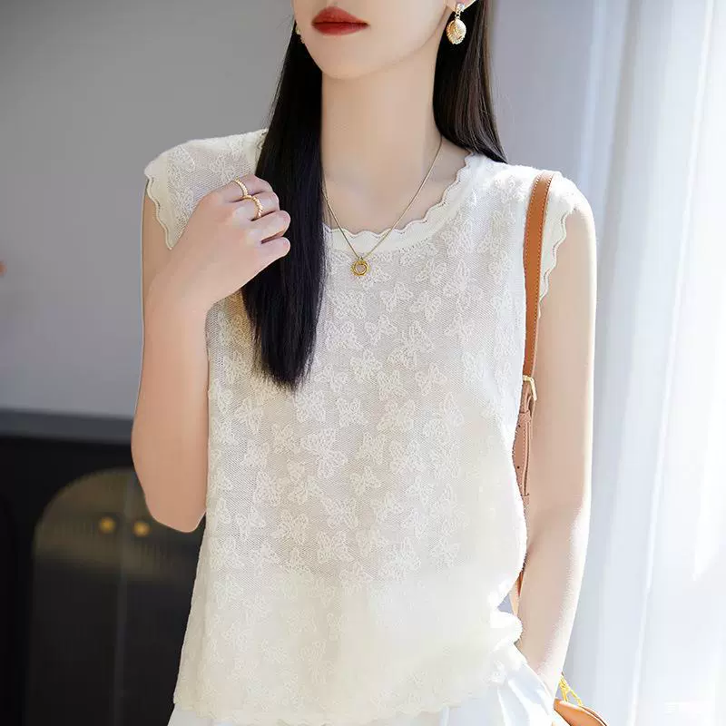 Весенне-летний новый стиль, камзол из камвольной шерсти с кружевом и круглым вырезом, женская жаккардовая рубашка без рукавов