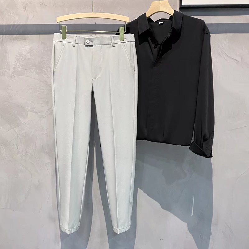 Verano nuevo estilo pantalones recortados pantalones de traje pequeño de moda para hombres drapeado sin planchar pantalones cónicos ins jóvenes pantalones casuales de moda image 7