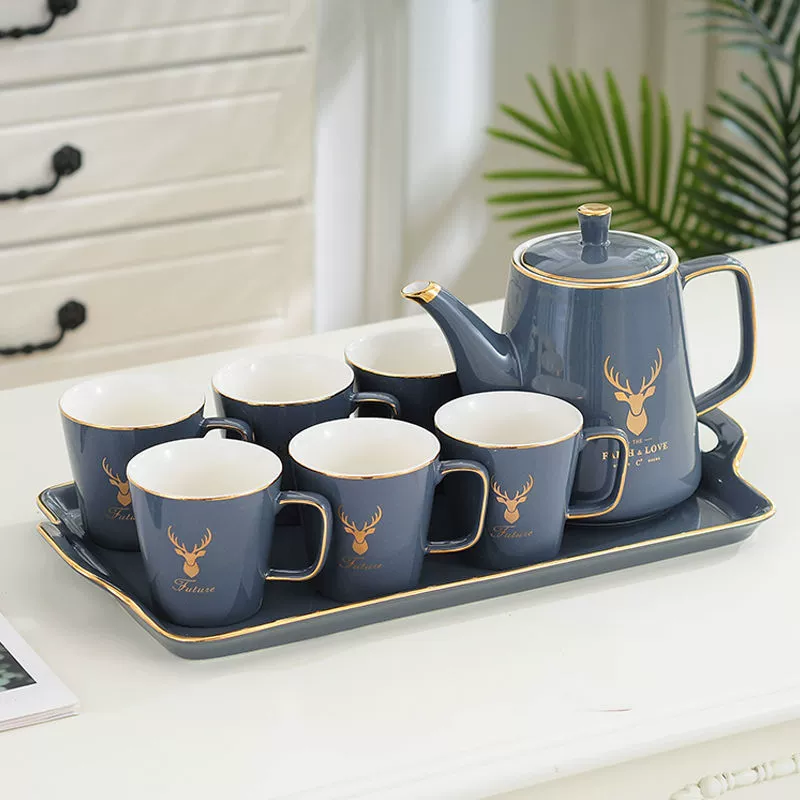 Керамический набор для чая в стиле лёгкой роскоши фэн-шуй: чайник, чашки, скандинавские стаканы для воды, поднос для дома и гостиной в современном стиле