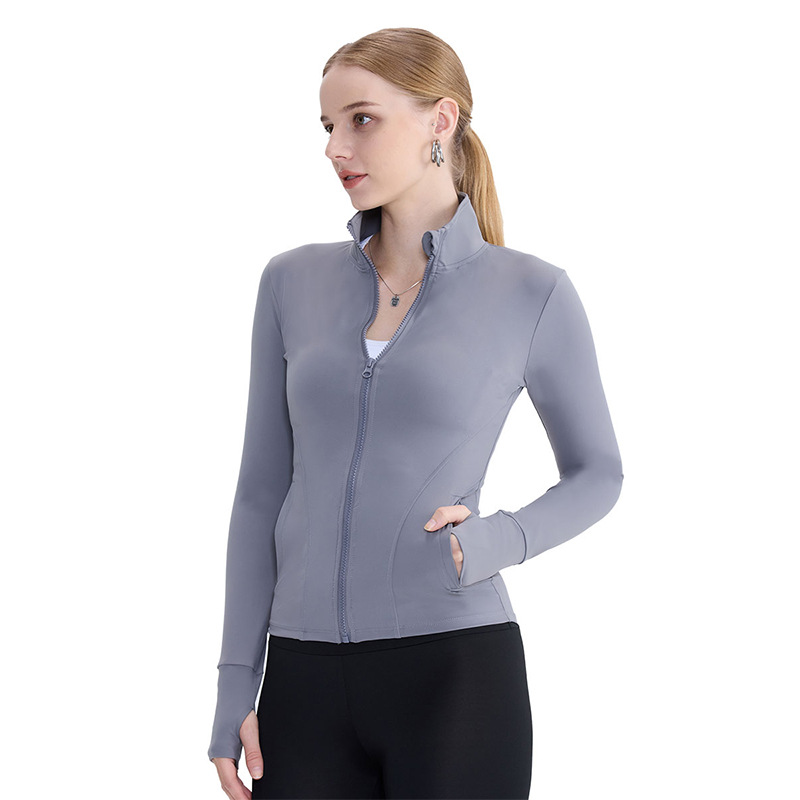 Nuevo estilo de otoño e invierno, top de yoga con cremallera y cuello alto con tacto de piel para mujer, chaqueta de manga larga ajustada con bolsillo para correr y fitness.