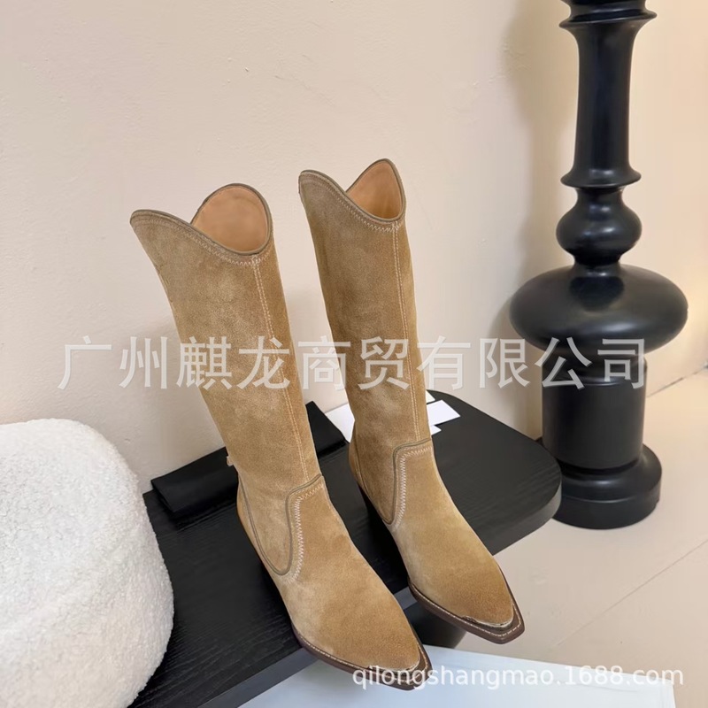 高端2025秋冬磨砂皮方头复古做旧粗跟高跟高筒骑士靴马丁靴长靴女|undefined