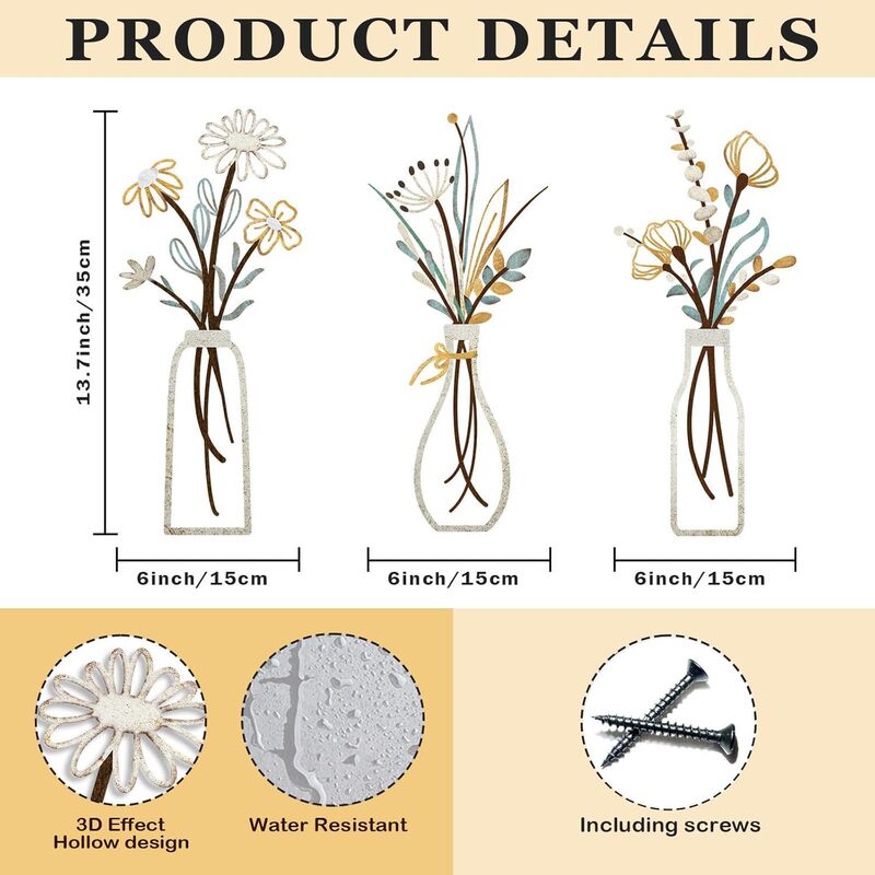 Pigort 3-Piece Metal Flower Wall Art - Rustic Farmhouse Decor Minimalist Flower Wall Pigort 3-Piece Metal Flower Wall Art - Rustic Farmhouse Decor Minimalist Flower Wall