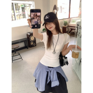 Korean White Waist-Cinching Short-Sleeved T-Shirt for Women Summer 2025 New Round Neck Slim Fit Right Shoulder Inner Short Top