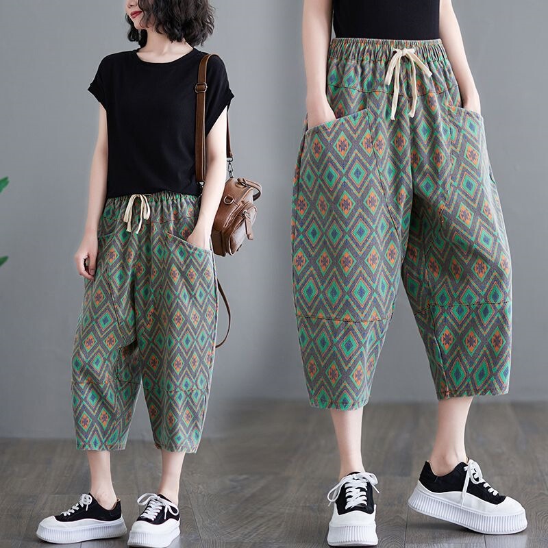 Ethnic Style Retro Printed Cropped Jeans for Women, Summer Thin Patchwork Harem Pants, Loose Plus Size Trendy
