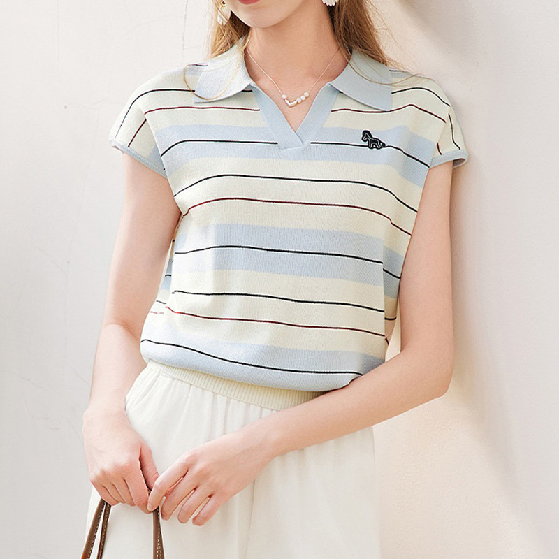 Striped Polo Collar Knit Sweater for Women, Short Sleeve, 2026 Summer New Style, Embroidered Short Navy Style Top M86S523