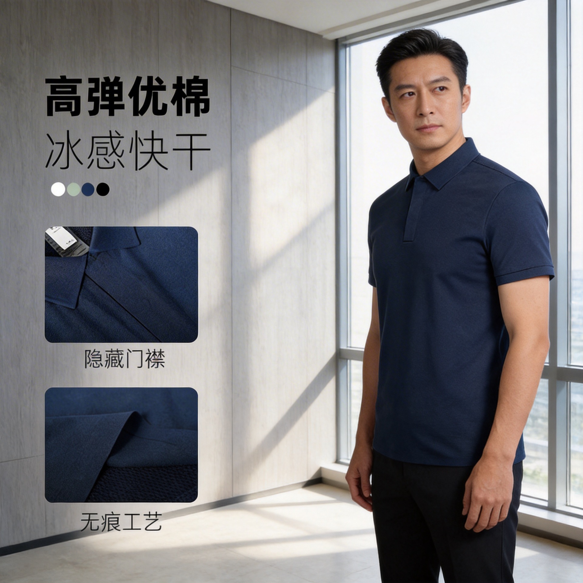 新款高级感polo衫男士商务冰感T恤男翻领无缝压胶上衣潮短袖速干