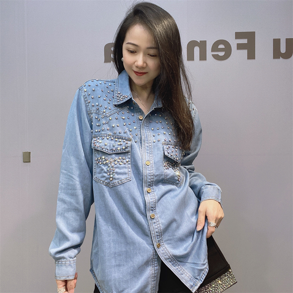 Frauen Kleidung herbst neue stil schwere perlen denim jacke frauen langarm mode jacke perle denim kleidung_voghion.com