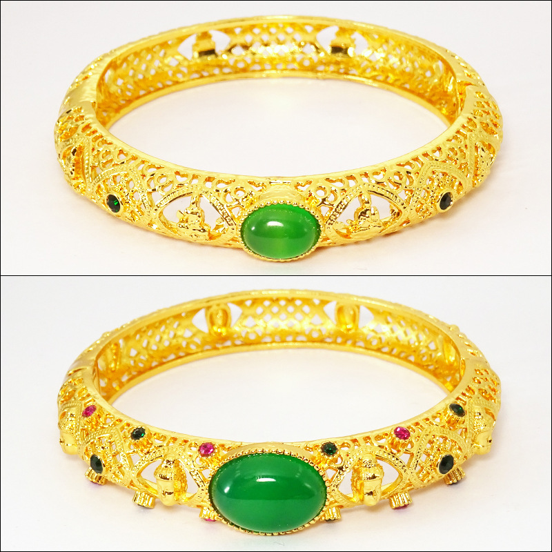 铜合金中国风佛头八大守护手镯镂空镶钻卡扣式镶玉手镯广州饰品厂