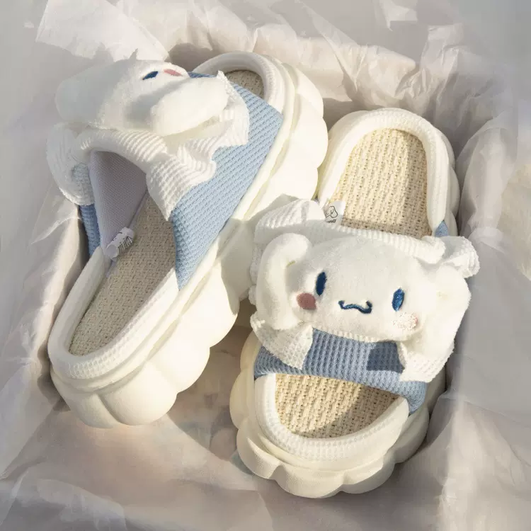 春夏新款三丽鸥亚麻拖鞋女卡通家用四季室内透气加厚底居家家用