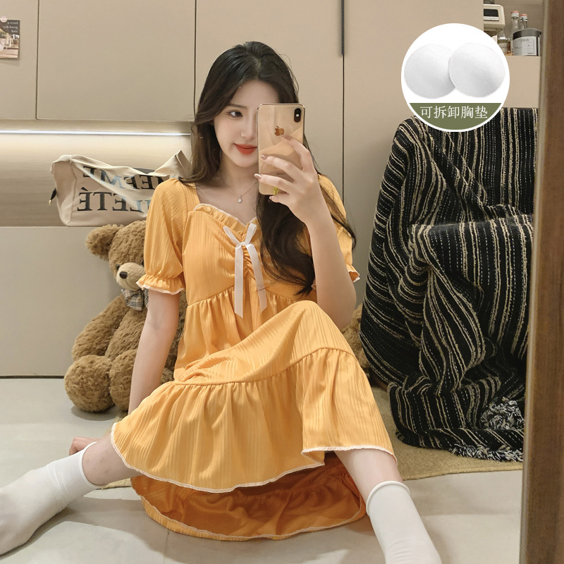 Verano 2025 pijama de mujer dopamina de color sólido imitación de algodón agujero plegado pijama rodilla ropa de hogar con cojín de pecho