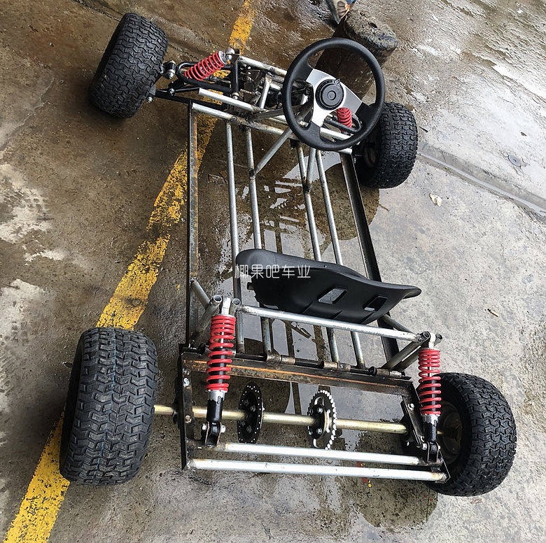 Modified Go-Kart Parts, Homemade Four-Wheel Vehicle with Front and Rear Suspension, Steering Wheel, 1m Rear Axle, 6/7/ 8inch Tires