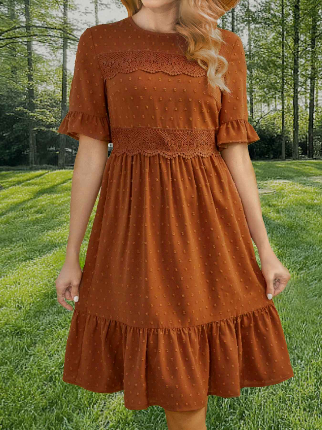 Spring Summer Women Lace Stitching Solid Color round Neck Ruffle Sleeve Dress 6 Spring Summer Women Lace Stitching Solid Color round Neck Ruffle Sleeve Dress