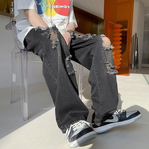 American Street Ripped Denim Jeans for Men - Summer Hong Kong Style Trendy Straight Leg Long Pants - INSA Trend Brand Street Bum Pants