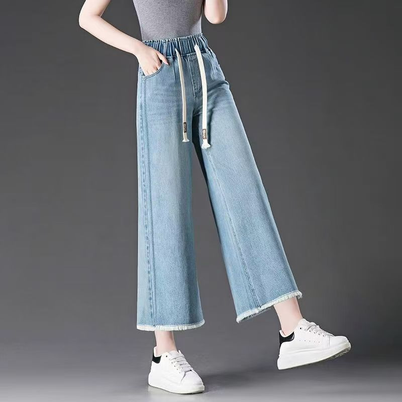 Women's Cropped Jeans Summer New Fashion Petite Loose Straight Pants Elastic Waist Frayed Wide-Leg Pants Thin Style Women's Cropped Jeans Summer New Fashion Petite Loose Straight Pants Elastic Waist Frayed Wide-Leg Pants Thin Style