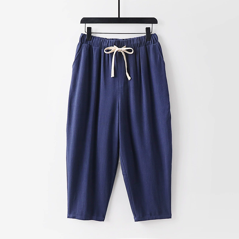 Мужские льняные укороченные брюки больших размеров, свободные летние тонкие укороченные брюки, однотонные пляжные брюки, мужские хлопчатобумажные и льняные брюки средней длины в стиле ретро.