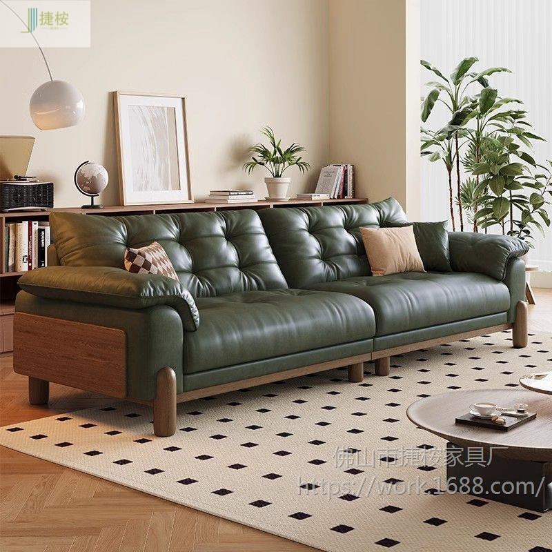 Medieval-Style Living Room Solid Wood Sofa, Vintage Oil-Waxed Leather Cloud-Shaped Genuine Leather Sofa, Extra Wide Seat, Deep Straight Row Seating