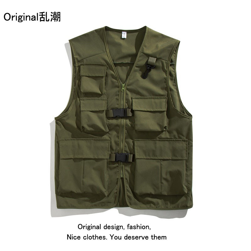 Solid Color V-Neck Multi-Pocket Workwear Vest Men's Fashionable Brand Street Sports Vest for Men and Women Loose Functional Sleeveless Jacket