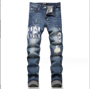 2024 New Foreign Trade Style Blue Ripped Patch Embroidered Badge Small Feet Stretch Men's Mid-waist Jeans Trendy