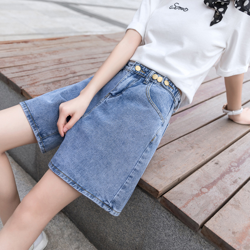 Denim Shorts Women's Summer 2024 Thin High Waist A- line Loose Wide-leg Mid-length Pants Casual Slimming Mid-length Pants