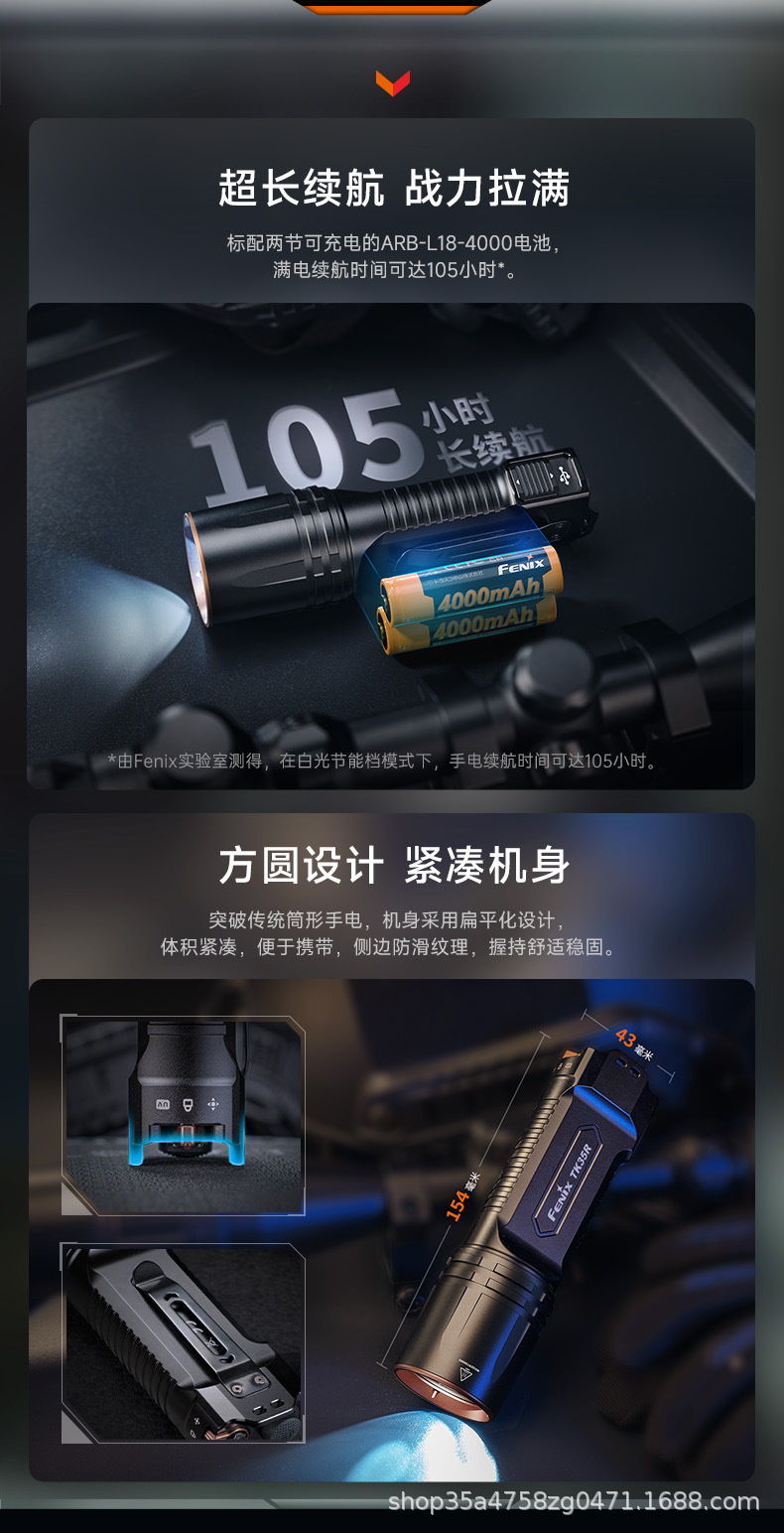 Fenix TK35R: High-intensity, ultra-bright, long-range purple light flashlight for identification purposes, featuring powerful illumination and ultra-long battery life