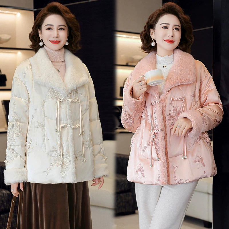 Мама пуховик новая китайская зимняя мода белая утка пуховик средних лет леди толстая хлопчатобумажная куртка миссис Широкая