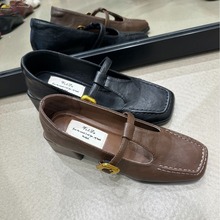 文艺复古t字带玛丽珍小皮鞋2024秋冬新款法式方头粗跟单鞋女中跟