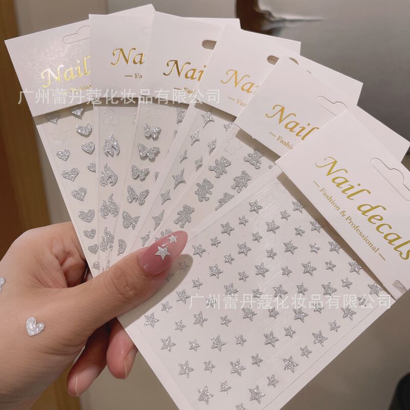 Internet Red Flash Silver Nail Art Sticker Silver Flash Powder Broken Diamond Star Mountain Love Bear Butterfly Shiny 3D Nail Decal