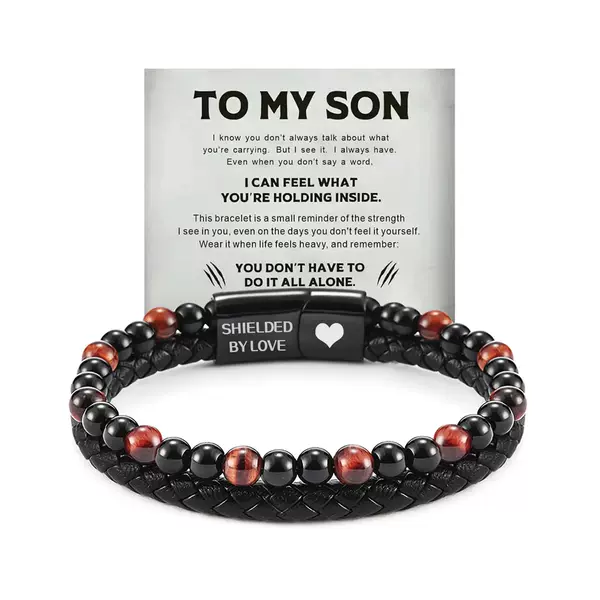 Double-Layer Leather Bracelet with Black Magnetic Clasp, Engraved Obsidian Beads, Red Tiger Eye Double-Row Leather Bracelet