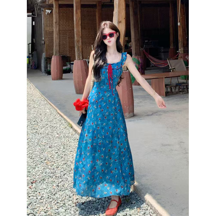 蓝色碎花吊带连衣裙女夏高级感多巴胺穿搭绝美海边度假海岛长裙子|undefined