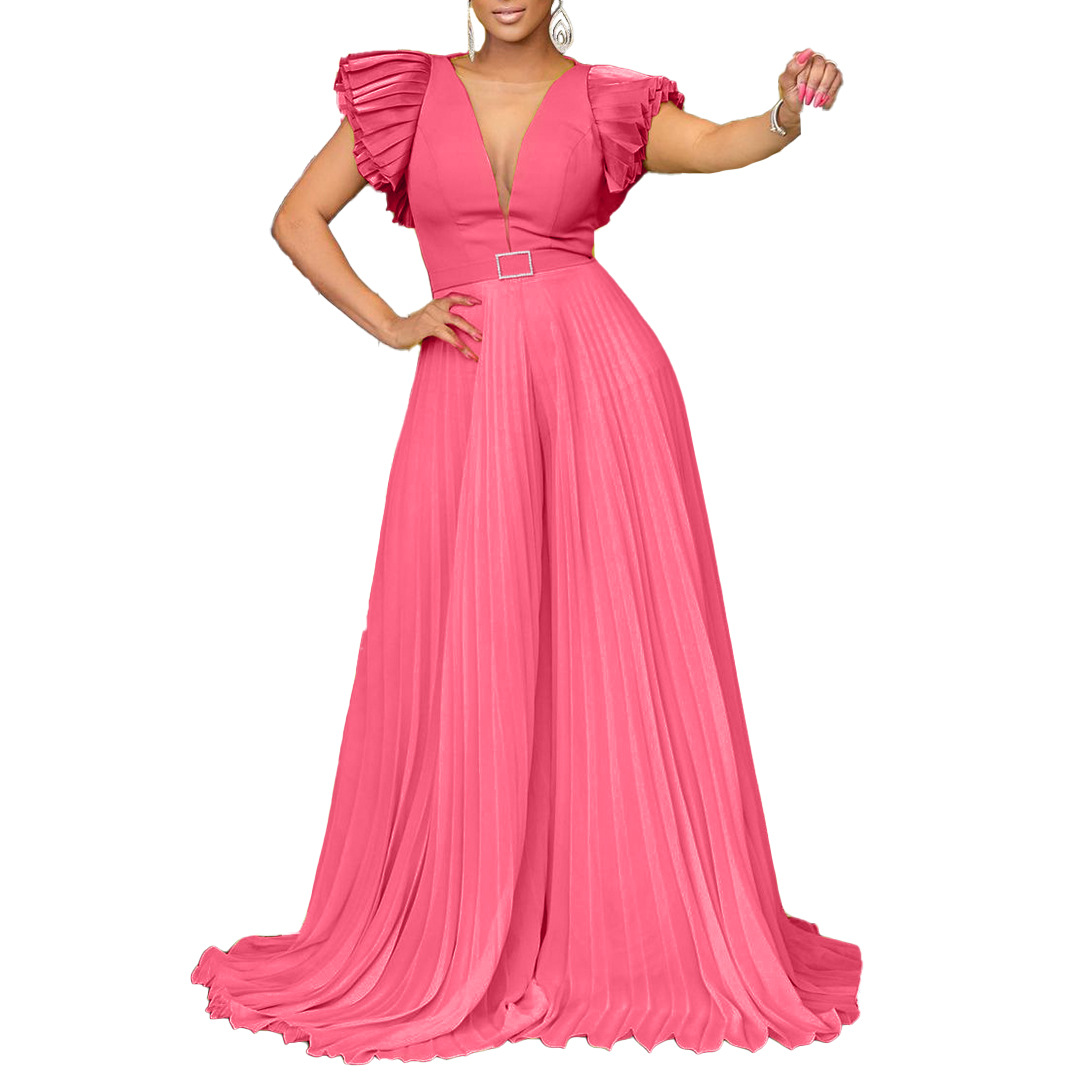 Women's Clothing sexy deep V pleated wide leg large size jumpsuit_voghion.com