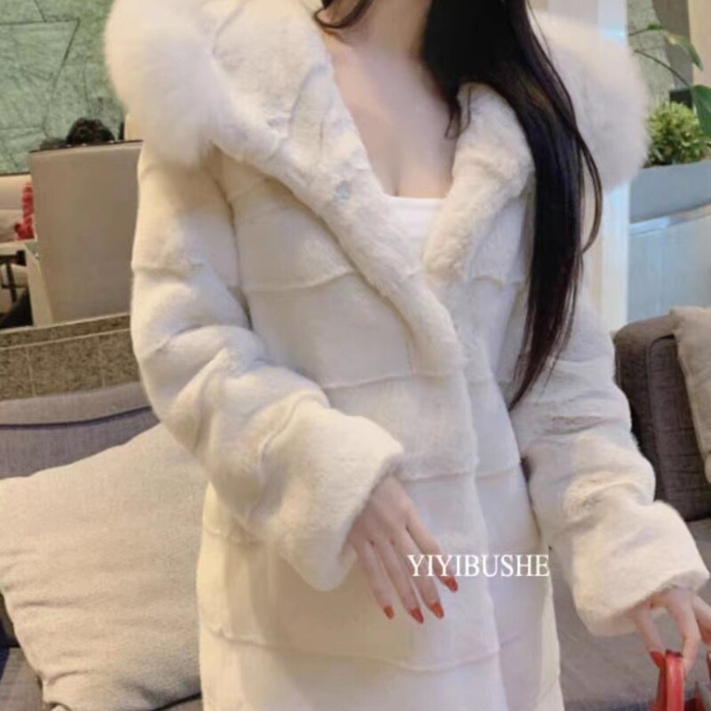 South Korea environmental protection fur coat women's hooded fur collar faux fur long women's winter coat gentle style socialite