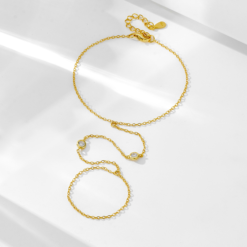 S925 Sterling Silver Round Zircon Finger Chain Women's Simple Single Finger Back Chain Stacked Wearing Bracelet Personalized Trendy Hand Jewelry